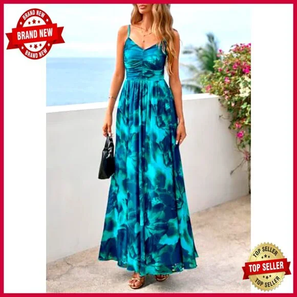 Floral Maxi Dress Boho Spaghetti Strap Mesh Sundress Elegant Party Beach Wear - Picture 2 of 7